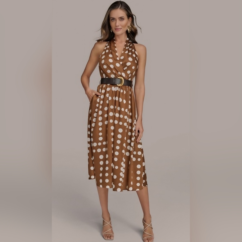 NWT Donna Karan New York Brown Polka Dot Halter Belted Dress Sz 14